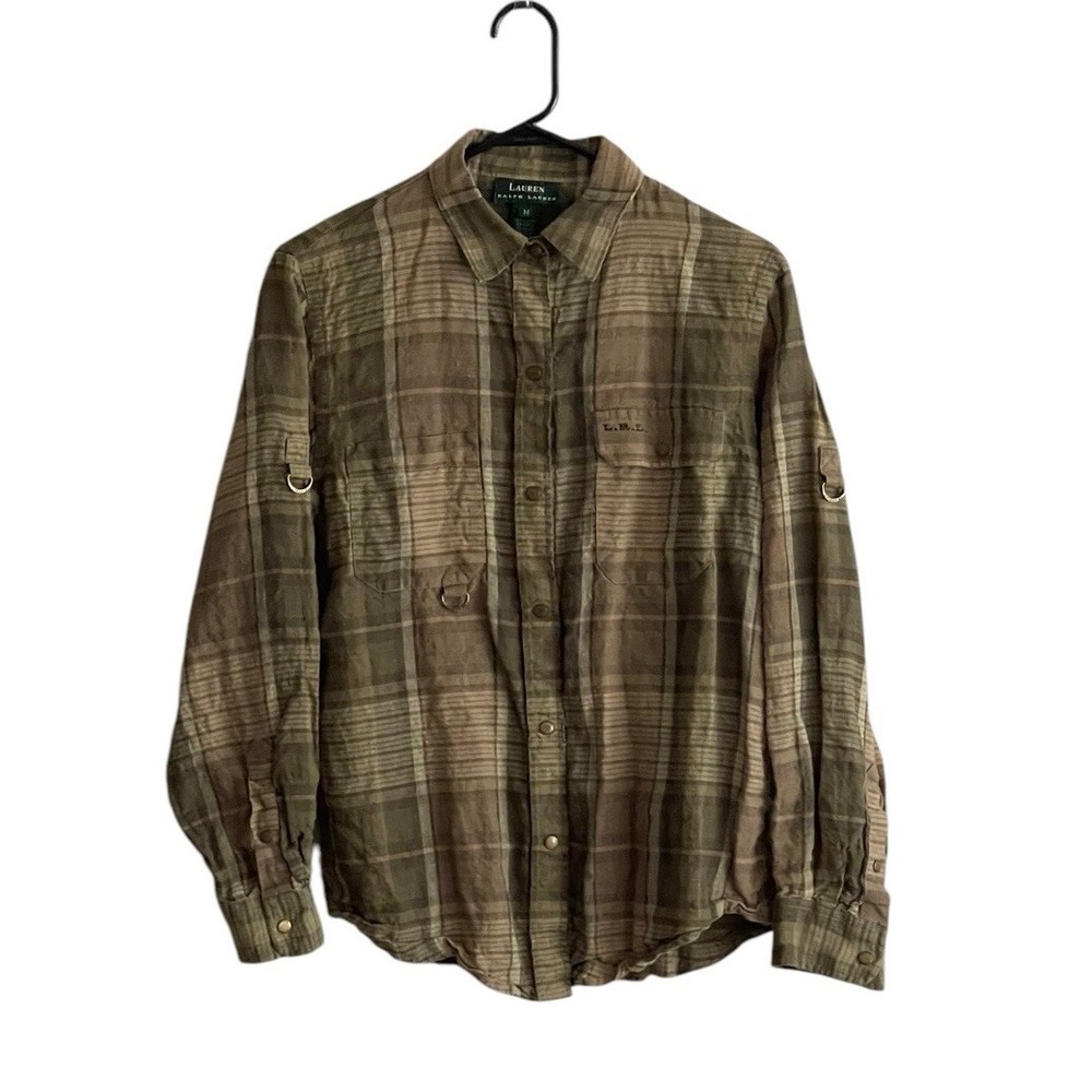 Lauren Ralph Lauren Shirt Med 100% Linen Army Green Gold Detail Gorpcore Y2K